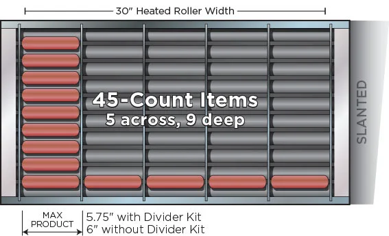 APW Wyott - HRS-50S slanted roller grill can hold 45 roller grill products in a convenience store