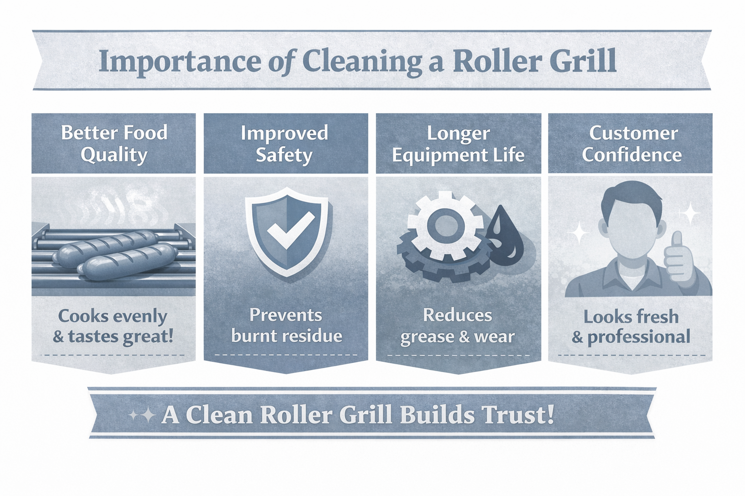 Infographic explaining the importance of cleaning a roller grill including better food quality, improved safety, longer equipment life and customer confidence.