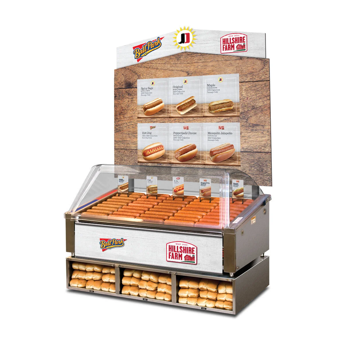 Tyson Convenience Merchandising setup with a roller grill, bun box, sneeze guard, and menu merchandiser