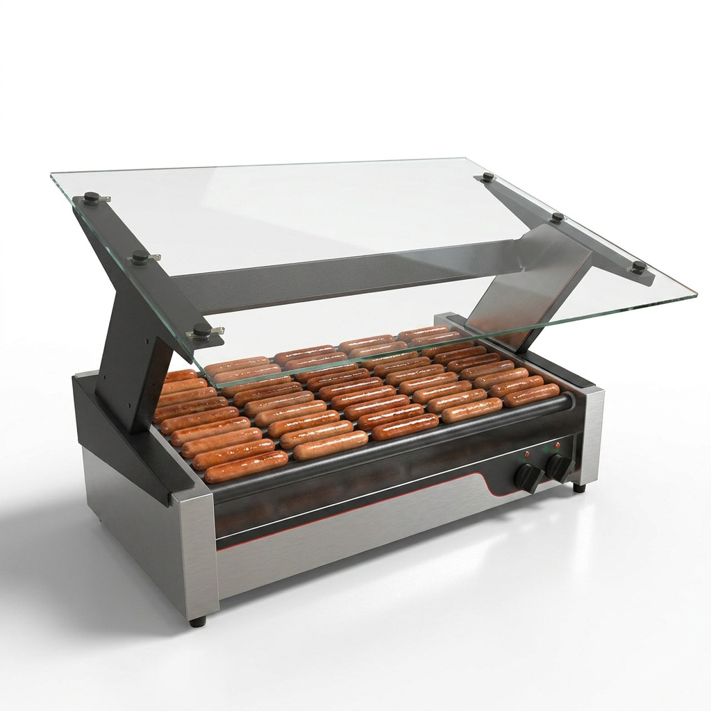Commercial roller grill with EZ Tilt™ Sneeze Guard for food protection and easier cleaning