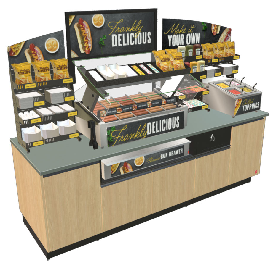 Commercial roller grill buying guide showing a complete roller grill station with food shield, bun storage and merchandising